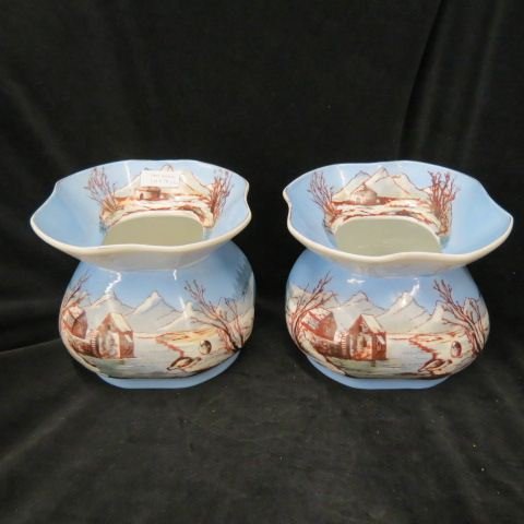 Pair of Victorian Porcelain Spittoons,: winter landscapes, 6 1/2", excellent.