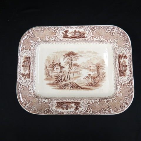 Victorian Ironstone Platter,: brown & white landscape, 12" x 16".