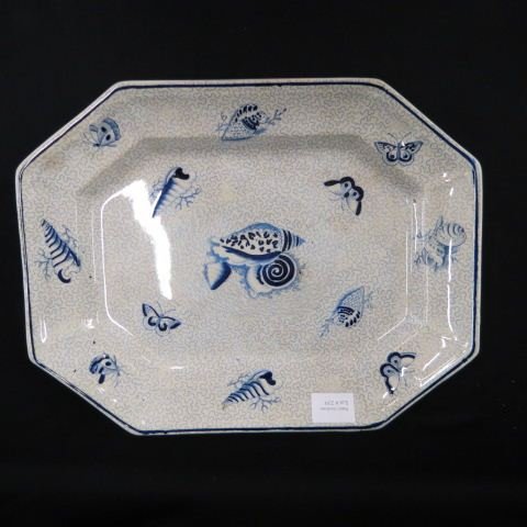 Victorian Blue & White Ironstone Platter,: unusual shell & butterfly decoration and seaweed background, 12" x 15".