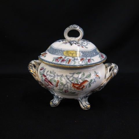 Victorian Ironstone Sauce Tureen,: footed & handled, colorful floral, 7".