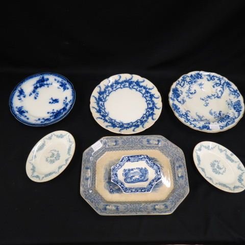 8 pcs. Victorian Blue & White Ironstone;: platter, plates & dishes, includes flowblue.