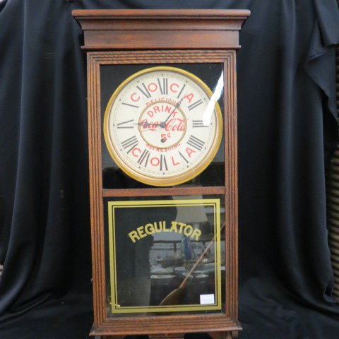 Sessions Oak Store Regulator Wall Clock,: Coca-Cola dial, circa 1910, 40" X 18", working.