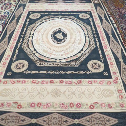 Aubusson Needlepoint Handmade Rug,: central medallion with harp and laurel, iveroy, tan and indigo, floral trim, 6" X 8'8".