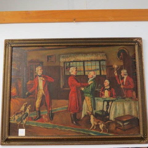 Antique Oil Painting "Returning from the Hunt": hunters and hounds inside, fireplace off to the left, on canvas, image area 34'' X 24".