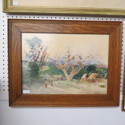 Henry J. Sandham, watercolor, "Dominican Village,: Haiti", image area 20" x 14", in oak frame, well listed artist....Henry Sandham was my 3rd great grand uncle. Born in Montreal, Quebec on 24 May 1842 and died in London, England on 21 June 1910. He wa