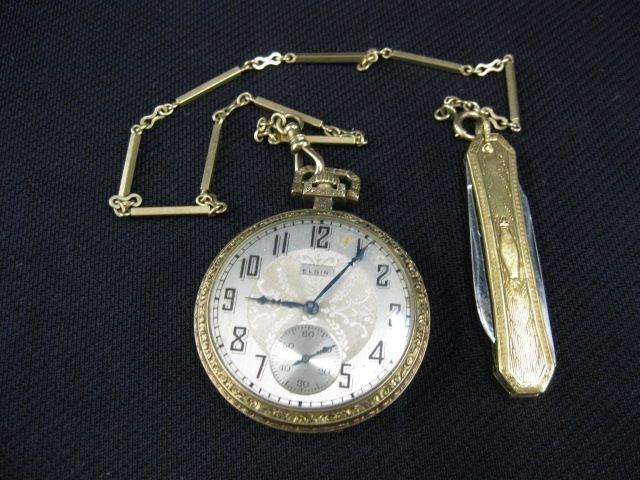 Elgin Pocketwatch,: with chain & 14K gold pen knife, 15 jewels, gold-filled case and chain, 1925, 12 size, grade 315, working.