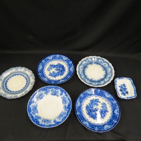 6 pcs. Blue & White Ironstone,: plates, bowls & soap dish, includes Watteau & flowblue, excellent.