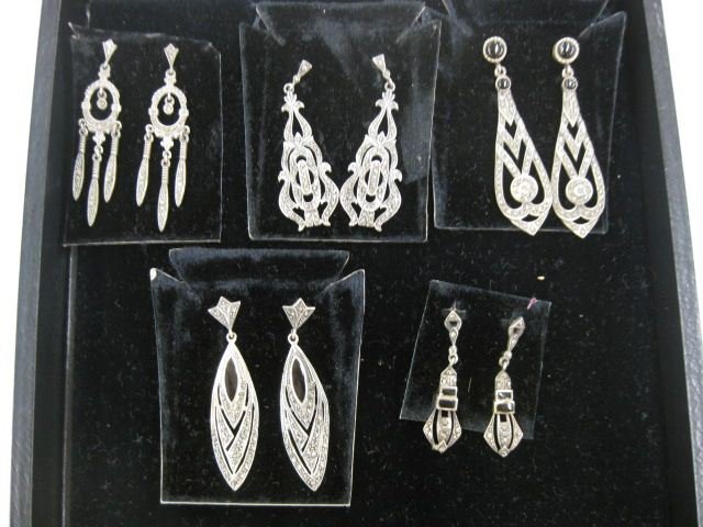 5 Pair of Marcasite & Sterling Earrings,: fancy dangles, most 2 1/2", pierced styles.