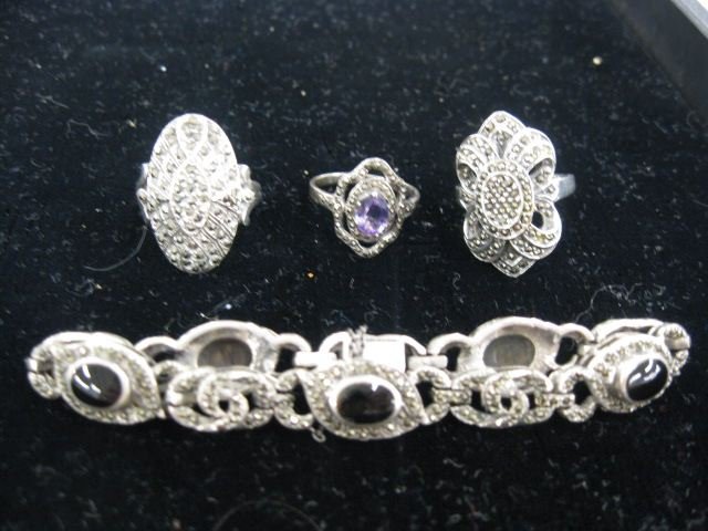 4 pcs. Marcasite & Sterling Jewelry;: bracelet and 3 rings including amethyst.