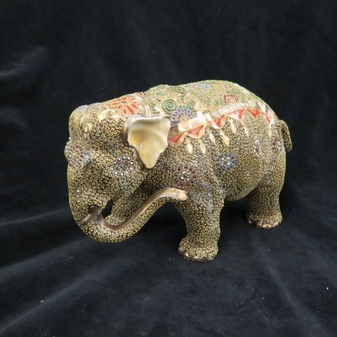 Japanese Satsuma Pottery Elephant,: signed, elaborate design & goldwork, 6 1/2 tall, 10" long, excellent."