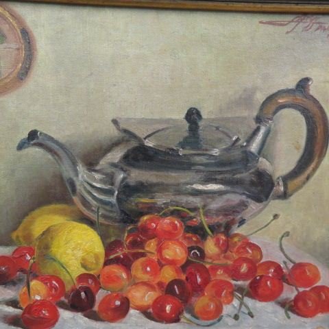 French Still Life,: silver teapot with cherries & lemons, image area 16 x 13", signed illegibly and Paris."