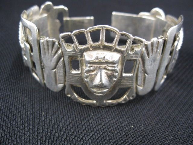 Marcel Mexico Sterling Silver Bracelet,: Aztec design, signed, 1 3/8 wide, well known artist."