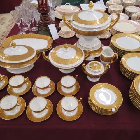 61 pc. Gold Encrusted China Service,: elaborate wide bands on white, great servers, a beautiful set, 6 dinner plates, 8 salad plates, 8 bread and butter, 8 soup bowls, 8 fruit bowls, 8 cups, 8 saucers, tureen with stnd, creamer, sugar, ov