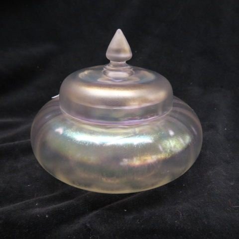 Steuben Verre de Soie Art Glass Box,: iridescent, signed, 6 diameter, signed, excellent...Steuben Glass Works was an American art glass manufacturer, founded in the summer of 1903 by Fredrick C. Carder and Thomas G. Hawkes in Corning, New