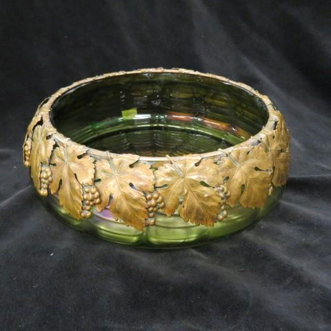 Loetz Art Glass Planter: with bronze overlay, grape, leaf & cluster design, green iridescent spider web design, 9 1/2 diameter, 3 1/2" deep, unsigned."