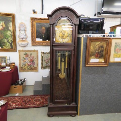 Fine Bawo & Dotter 9 Tube Mahogany Grandfather Clock,: 9 tube, mahogany case, moon phase, ornate dial, 3 different chimes, classic column decor, 90 1/2' tall, working, circa 1905......The Charles Jacques saga is a complex tale that was the subject of an a