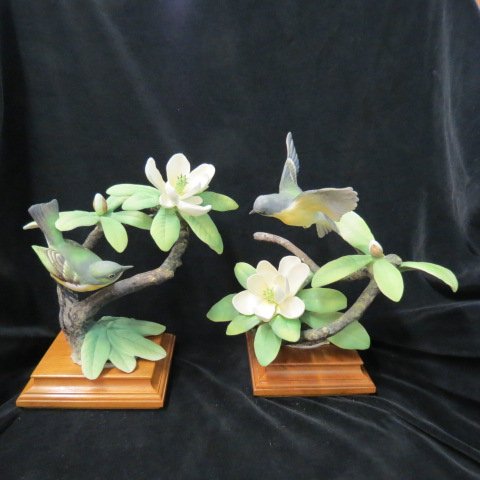 Pair of Royal Worcester Dorothy Doughty Bird Figurines,: Parula Warblers & Sweet Bay, 9" plus original bases, excellent...Dorothy Susan Doughty was a British sculptor and potter born in Sanremo, Italy in 1892. She was the daughter of poet, writer, and trave