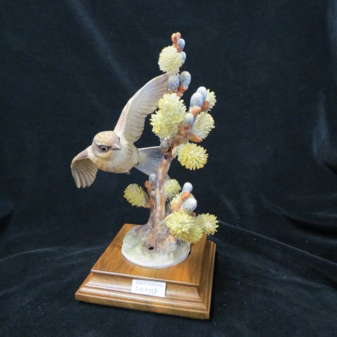 Royal Worcester Dorothy Doughty Bird Figurine: Vermilien Flycatcher ith Pussy Willow", 9 1/2" plus original wood base, excellent....Dorothy Susan Doughty was a British sculptor and potter born in Sanremo, Italy in 1892. She was the daughter of poe