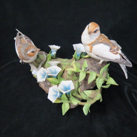 Boehm Porcelain Figurine Snow Buntings": with Morning Glory approx 8" tall, 12" wide... E. M. Boehm, now Boehm Porcelain, is the artisan studio founded by sculptor Edward and wife Helen Boehm in 1950. It is today recognized as one of the wor