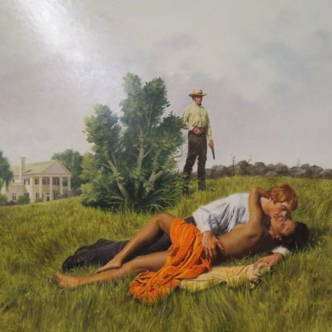 Tom Miller, oil, farm hand: with farmers' wife, illustration art for a romance novel, image area 37 X 30", well done."