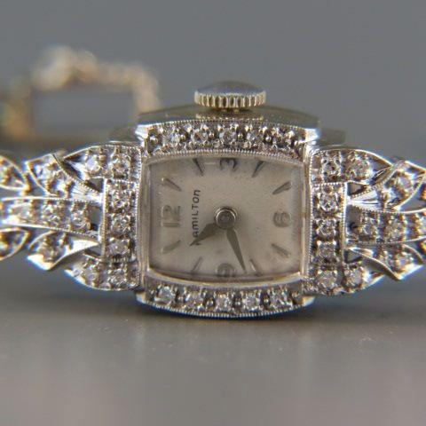 Diamond Hamilton Wristwatch,: 68 round diamonds totaling .50 carat, high grade, 14k white gold, 18.2 grams, working, 6 3/4 long, with appraisal of $2,350.00"