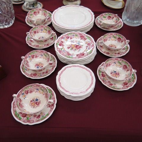 40 pcs. Johnson Brothers Dinnerware,: Dorchester and others, red on white, various plates and cream soups.