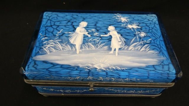 Mary Gregory Art Glass Dresser Box: by Pairpoint, enameled girls picking flowers on sapphire blue glass, approx. 5 1/2 x 9",....Mary Gregory glass, variety of glass produced in the United States toward the end of the 19th century in imi