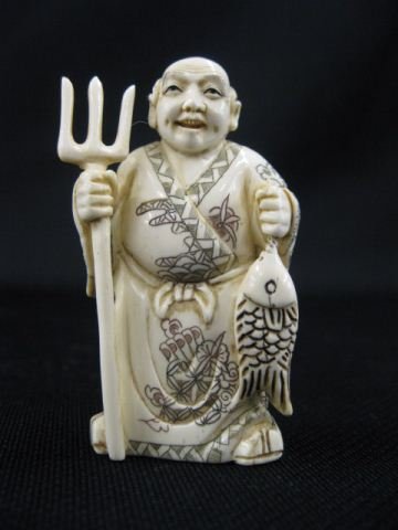 Carved Ivory Netsuke of a Fisherman,: holding a trident and a fish, signed, 2 1/2, excellent."