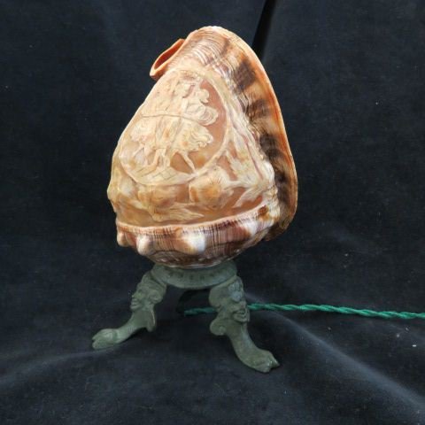 Carved Cameo Shell Lamp,: Three Graces", bronze base, 7" tall, European wiring."