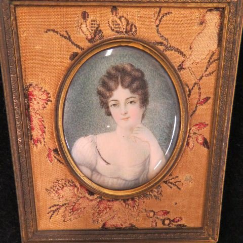 Miniature Painting on Ivory,: portrait of a young lady, signed Robba, image area 2 x 2 1/2", 19th century French frame."