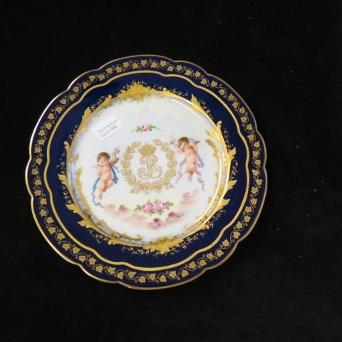 Sevres Porcelain Cabinet Plate,: Royal crest & cherub decors, cobalt & gold trim, 9 1/2, excellent."