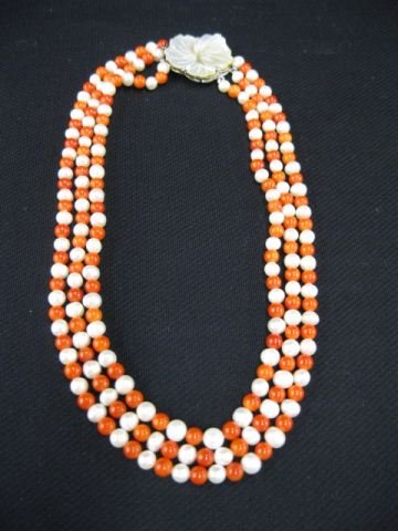 Pearl & Coral Necklace,: triple strand, alternating beads, carved abalone floral clasp, 17 & longer, excellent."