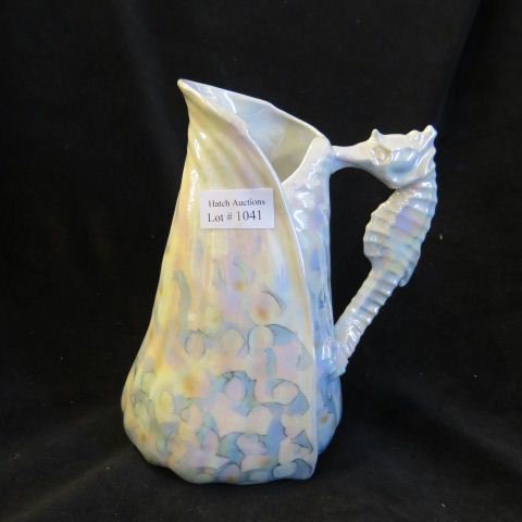 Royal Bayreuth Shell Pitcher,: seahorse handle, irridescent, 7 1/2, signed, excellent."