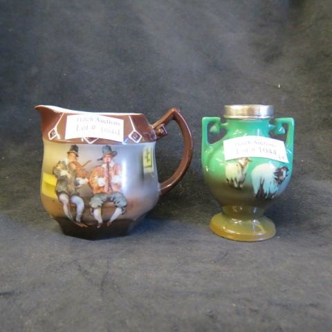 2 pcs. Royal Bayreuth Porcelain;: creamer with musicians in tavern and silver collar bud vase with sheep, 3 1/4, signed, excellent."