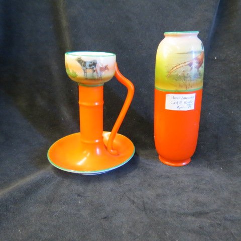 2 pcs. Royal Bayreuth Porcelain,: chamberstick with cows and vase with phesant, tallest 6, both signed, excellent."