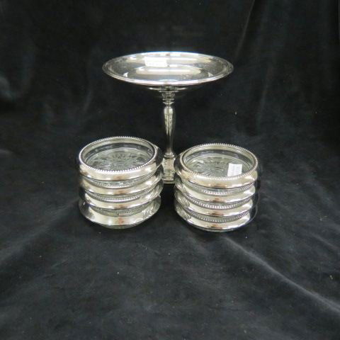 8 pc. Sterling Silver Lot;: sterling silver & crystal coasters, 4 diameter, and a tall compote, weighted."