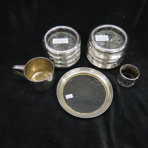 Sterling Silver Lot;: baby mug, napkin ring, 9 coasters.