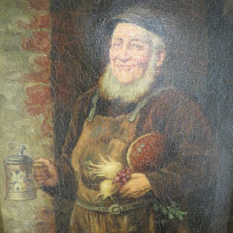 O. Bartek, oil, German man: with radishes and beer stein, on canvas, image area 8 x 10", circa 1900."
