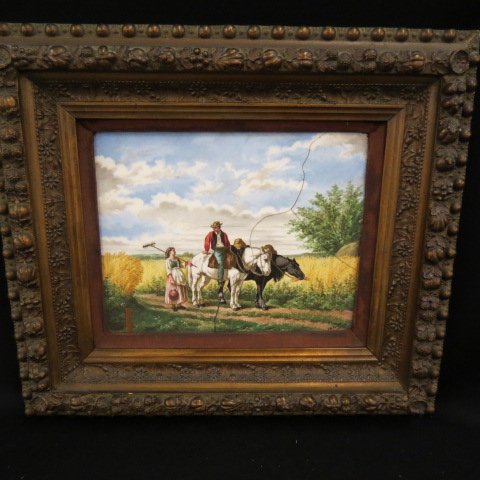 J. B. Evans, painting on porcelain plaque,: boy on horseback talking with farm girl, signed & dated 1884, image area 8 x 10:, as is."