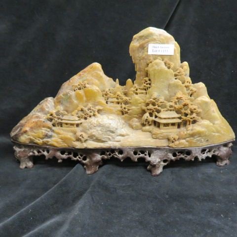 Chinese Carved Soapstone Village,: deeply carved, mountains in background, 8 tall, 13 1/2" wide"