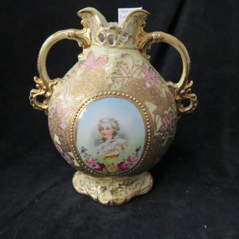 Nippon Porcelain Portrait Vase,: handpainted, handled, elaborate gold work, 9 1/2, unsigned, excellent."