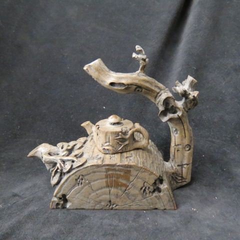 Oriental Figural Teapot,: log & branch motif, 5 3/4, small teapot as finial of large one, decorative."