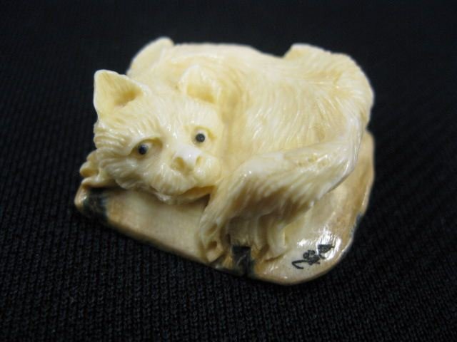 Carved Ivory Netsuke of a Reclining Cat,: onyx eyes, signed, 1 1/4, excellent."
