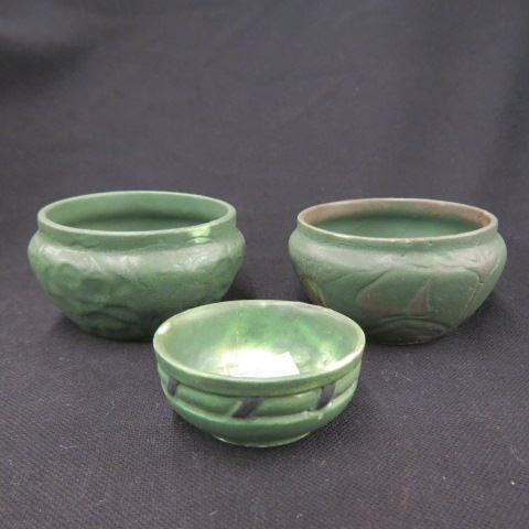 3 pcs. Arts & Crafts Era Pottery,: mark of an "R" in a tree, one initialed E.R.B., carved design, green glaze, 3" to 4" diameter, excellent.
