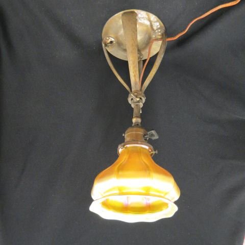 Arts & Crafts Wall Sconce,: Quezal art glass shade on hand hammered brass base, original patina, scarce.