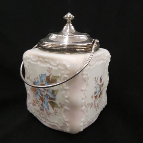 Wavecrest Art Glass Biscuit Jar,: floral, silverplate trim, 8", unsigned, excellent..Wave Crest glass is an opaque white glassware manufactured by the Pairpoint Manufacturing Company of New Bedford, Massachusetts, and some French fact