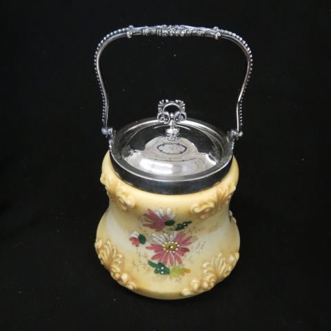 Wavecrest Art Glass Biscuit Jar,: floral, silverplate trim, unsigned, 7", excellent...Wave Crest glass is an opaque white glassware manufactured by the Pairpoint Manufacturing Company of New Bedford, Massachusetts, and some French fac