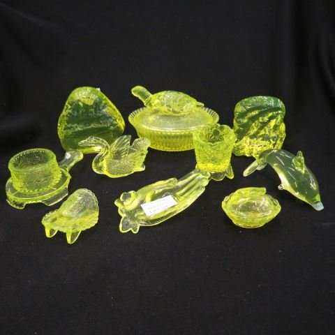 10 pcs. Vaseline Glass,: turtle box, toothpick holders, salt, match holder & more, all excellent.