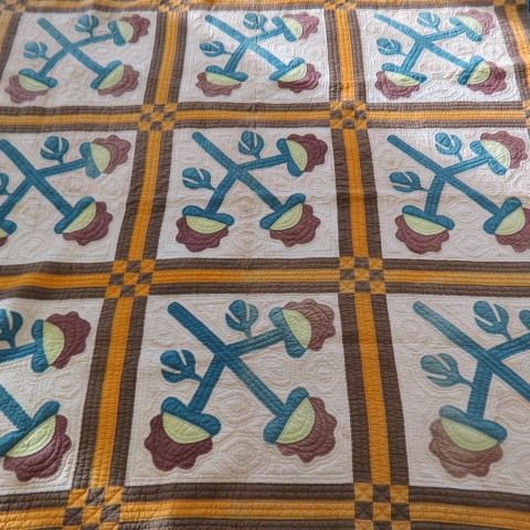 Early Antique Handmade Quilt,: beautiful floral, orange and brown squares, 71" X 68".