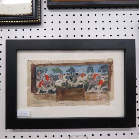 Leon Wall, pen & ink,: study for a mural, fox hunt scene, 1935, well listed artist, approx. 10 1/2" x 5 1/2"....Leon Wall (1916 - 1980) Born in Pittston, PA in 1916. He moved to New York City in 1933. He studied at the Nati